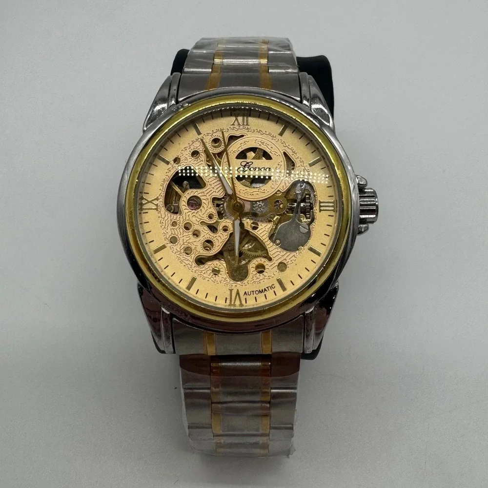 Genoa Men's Automatic Skeleton Watch Two Tone Stainless Steel Gold Dial 40mm